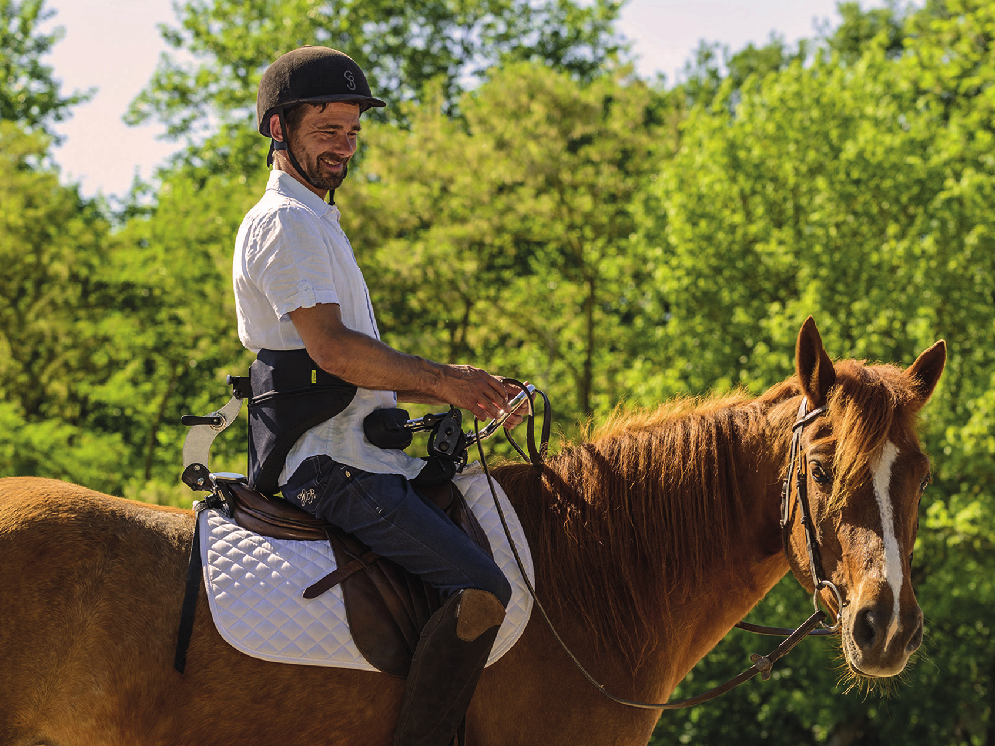 Image of horse and rider featuring the Hippolib balance support device.